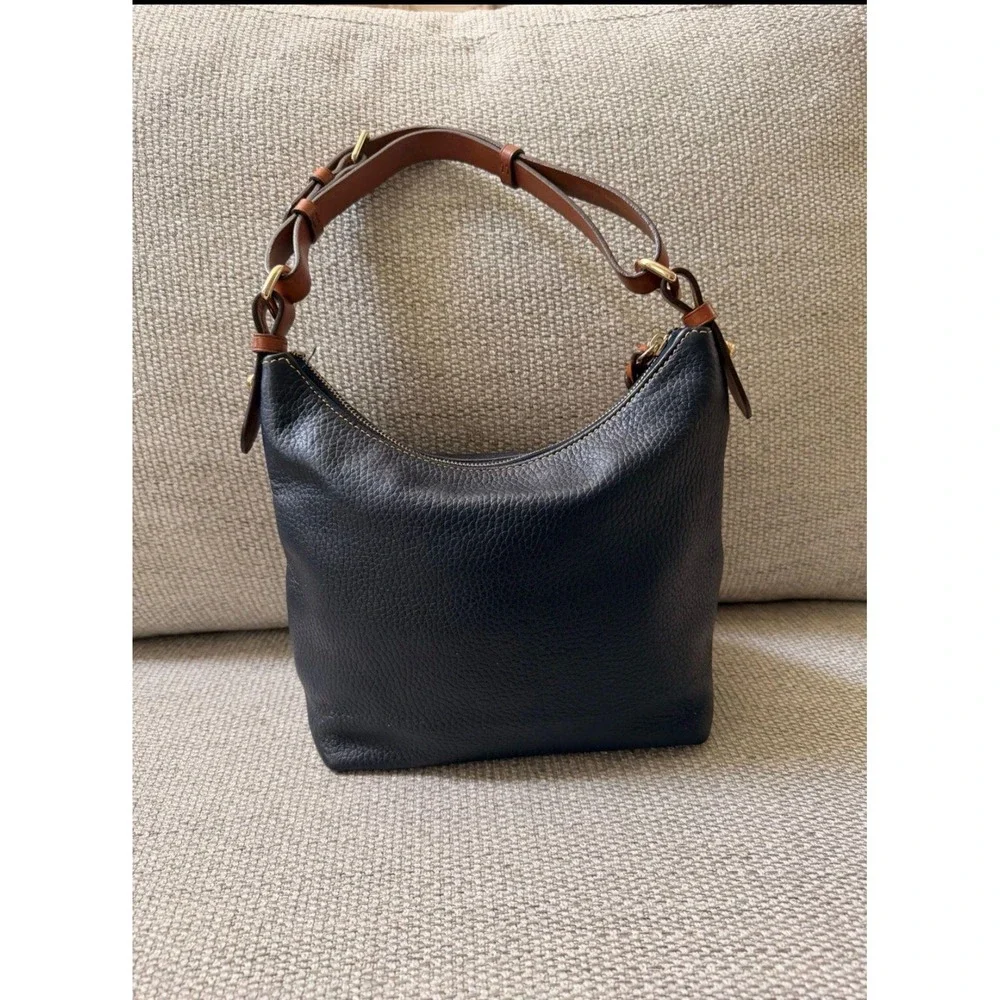Dooney & Bourke Navy Pebbled Leather Hobo Shoulder Bag with Tan Trim